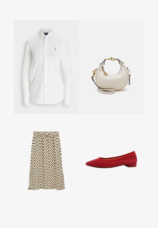 Weißes Langarm-Hemd mit Knöpfen und spitzem Kragen aus Baumwolle. Verfügt über ein kleines gesticktes Logo auf der linken Brust.; Beige Rock mit elastischem Bund und dunkelbraunen Zickzackstreifen; leichtes Material mit leicht strukturiertem Griff; seitliche Schlitze für zusätzlichen Bewegungsspielraum.; Rote Wildleder Ballerinas mit spitzem Zeh, niedrigem Blockabsatz und elastischem Besatz am Schaft für eine enge Passform.; Cremfarbene Lederhandtasche in Mondform, mit goldenen Akzenten, schwarzen Details und einem abnehmbaren Gurt. Sie verfügt über eine Kettendetail und einen Anhänger.