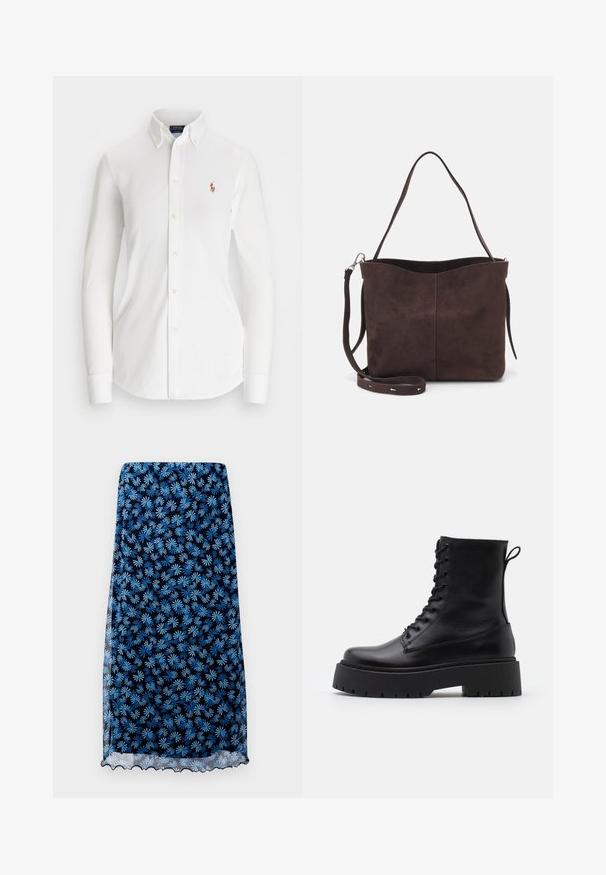 Bijela košulja s dugim rukavima i dugim ovratnikom, napravljena od pamuka. Ima mali izvezeni logo na lijevoj strani prsnog koša.; Suknja s cvjetnim uzorkom u tamnoplavoj boji s svijetloplavim uzorcima tratinčica, prozračna tkanina, rubovi u obliku školjke i ravna silueta.; Crne kožne gležnjače s okruglim vrhom, vezanjem sprijeda i debelim gumenim potplatom s teksturiranim uzorkom. Tipa: traka za vuču na stražnjoj strani.; Smeđa suđena torba s mekanom teksturom, s jednim remenom za rame i suptilno zakrivljenim gornjim otvorom. Nema vidljivih dijelova od hardvera.