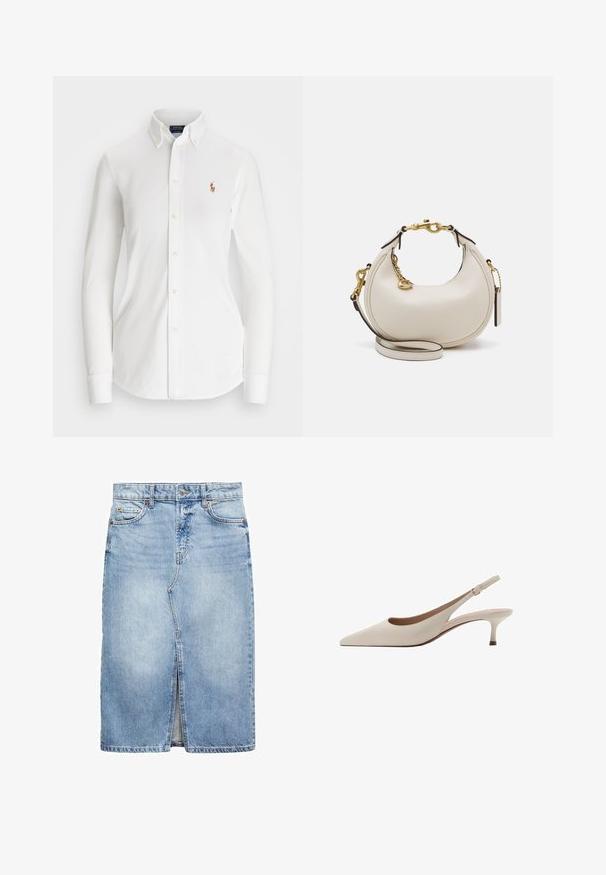 Bijela košulja s dugim rukavima i dugim ovratnikom, napravljena od pamuka. Ima mali izvezeni logo na lijevoj strani prsnog koša.; Denim suknja u svijetloplavoj boji, do koljena s prednjim prorezom. Ima pet petlji za pojas, dva prednja džepa i metalnu kopču.; Bež sandale s potpeticom, s uskim vrhom i niskom, proširenom potpeticom. Izrađene od glatke kože s minimalističkim dizajnom i podesivim remenom.; Kremavna kožna torba u obliku polumjeseca, zlatni detalji, crni akcenti i uklonjiva naramenica. Ima lančani detalj i oznaku.