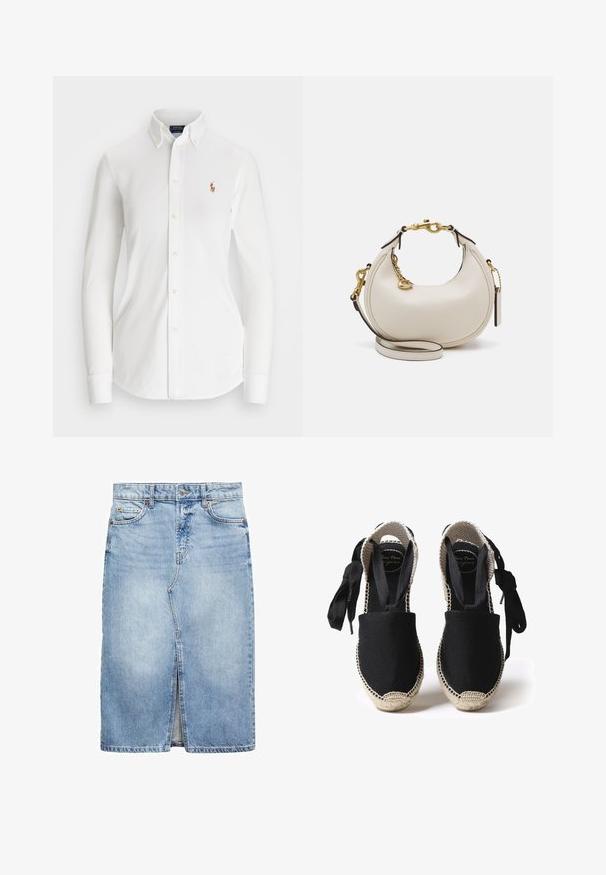 Witte overhemd met lange mouwen en een puntkraag, gemaakt van katoen. Voorzien van een klein geborduurd logo op de linkerborst.; Lichte blauwe denimrok, knie-lengte met een voorkeursplit. Voorzien van vijf riemlussen, twee voorzakken en sluiting met metalen knoop.; Zwarte canvas espadrilles met een jute zool en geweven randen. Touwen van dezelfde zwarte stof voor een aanpasbare pasvorm. Gesloten teen ontwerp.; Crème leren handtas met een halve maan vorm, gouden hardware, zwarte accenten en een afneembare schouderband. Heeft een kettingdetail en label.