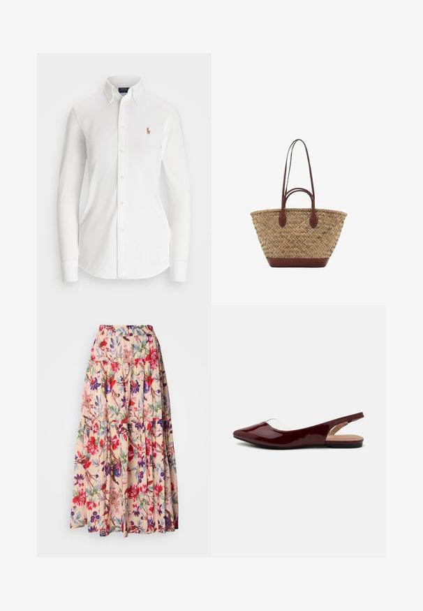 Bela srajca z dolgimi rokavi in gumbi, z ostrimi ovratniki, iz bombaža. Ima majhen izvezen logotip na levem prsnem delu.; Cvečni maksi krilo z elastičnim pasom, z bež ozadjem in živahnimi rdečimi, vijoličnimi ter zelenimi cvetličnimi vzorci; s plastmi.; Burgundski patenti slingback baletni čevlji s koničastim nosom, prozornim izrezi in črnim ravnim podplatom. Gladka tekstura, minimalističen dizajn.; Tkana torba iz trstike z pleteno teksturo, temno rjavi usnjeni ročaji in dno, široka okrogla oblika in odprt vrhnji del.; Zlate obročaste uhane z teksturirano, nepravilno obliko. Imajo brezšivno zapiranje in poliširano površinsko obdelavo, kar poudarja sodoben dizajn.