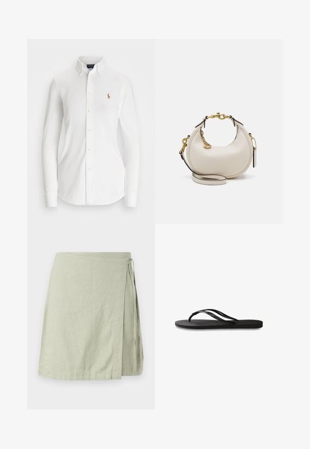 Camicia bianca a maniche lunghe con colletto a punta, realizzata in cotone. Presenta un piccolo logo ricamato sul petto sinistro.; Gonna avvolgente realizzata in un tessuto leggero e strutturato di un delicato colore verde, con chiusura a nodo sul lato e orlo dritto.; Infradito neri con suola in gomma testurizzata, due cinghie sottili e un sottile dettaglio del logo impresso sulla cinghia.; Borsa a mano in pelle crema a forma di mezzaluna, con accessori in oro, dettagli neri e una tracolla rimovibile. Presenta una dettagli in catena e un'etichetta.