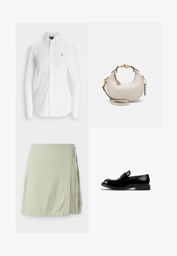 Witte overhemd met lange mouwen en een puntkraag, gemaakt van katoen. Voorzien van een klein geborduurd logo op de linkerborst.; Wikkelrok gemaakt van lichte, gestructureerde stof in een zachte groene kleur, met een striksluiting aan de zijkant en een rechte zoom.; Zwarte leren loafer met een ronde neus, platte rubberen zool en een opvallend strapdetail over de wreef. Gladde textuur, minimalistisch ontwerp.; Crème leren handtas met een halve maan vorm, gouden hardware, zwarte accenten en een afneembare schouderband. Heeft een kettingdetail en label.