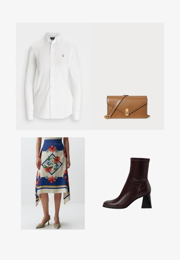 Witte overhemd met lange mouwen en een puntkraag, gemaakt van katoen. Voorzien van een klein geborduurd logo op de linkerborst.; Jimmy Key FLORAL PATTERNED MIDI - A-lijn rok - mixed; Stradivarius BLOCK - Korte laarzen - dark red; Bruine leren clutch met een opklapbare flap, gouden hardware accenten en een afneembare kettingband. Glad oppervlak en minimalistisch ontwerp.