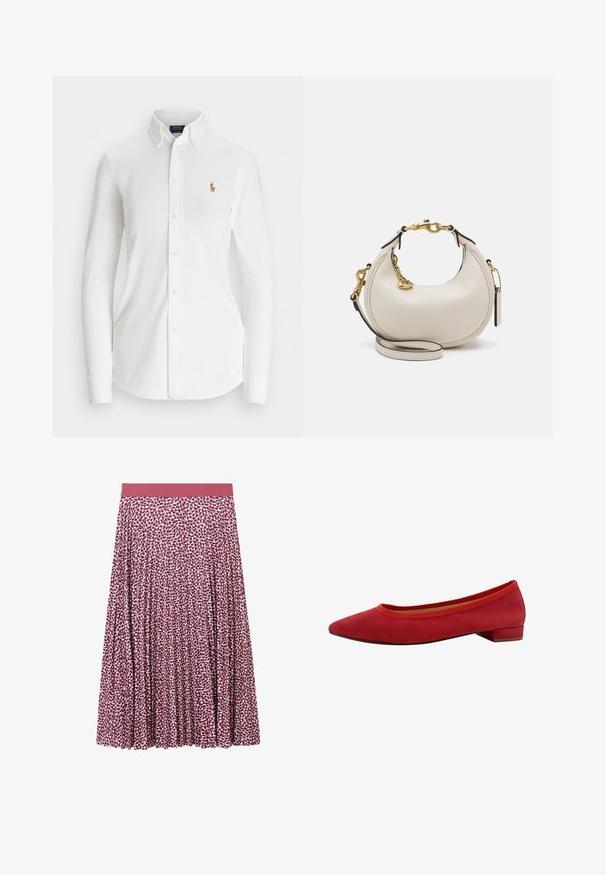 Chemise blanche à manches longues avec col pointu, en coton. Présente un petit logo brodé sur la poitrine gauche.; TOM TAILOR MIDI - Jupe trapèze - berry; Ballerines en suede rouge avec un bout pointu, un petit talon carré, et un bord élastiqué autour de l'ouverture pour un ajustement confortable.; Sac à main en cuir crème avec une forme de croissant, quincaillerie dorée, accents noirs et une bandoulière amovible. Présente un détail en chaîne et une étiquette.