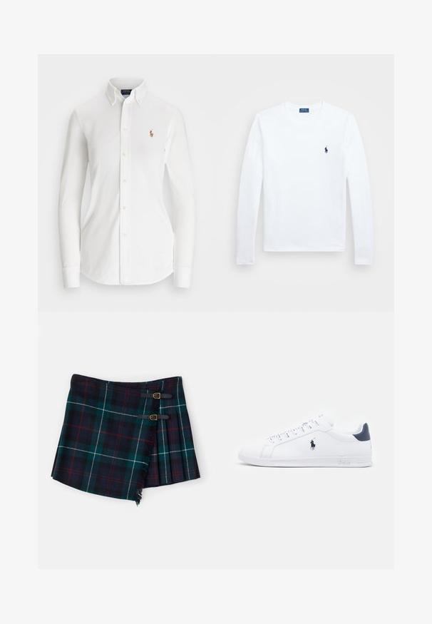 Chemise blanche à manches longues avec col pointu, en coton. Présente un petit logo brodé sur la poitrine gauche.; Chemise blanche à manches longues, en coton, avec un col rond, ornée d'un petit logo marine sur la poitrine gauche. Design simple, coupe standard.; Polo Ralph Lauren MINI - Minijupe - tartan; Baskets blanches en cuir avec une finition lisse, accents navy et un petit logo sur le côté. Elles disposent de lacets plats et d'une semelle en caoutchouc texturée.