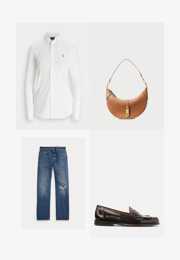 Camisa branca de manga longa com colarinho pontudo, feita de algodão. Apresenta um pequeno logotipo bordado no lado esquerdo do peito.; Jeans de ganga azuis com um corte reto, apresentando uma área desgastada no joelho esquerdo e um desbotamento subtil por todo o tecido.; Polo Ralph Lauren ASHTYN FRINGE TRIM CALFSKIN LOAFER - Sapatos sem atacadores - ebano/tobacco; Bolsa de couro castanho-claro com um formato curvado, detalhes em ouro e uma alça de ombro fina. Apresenta um fecho de zipper e um detalhe de logótipo na parte frontal.