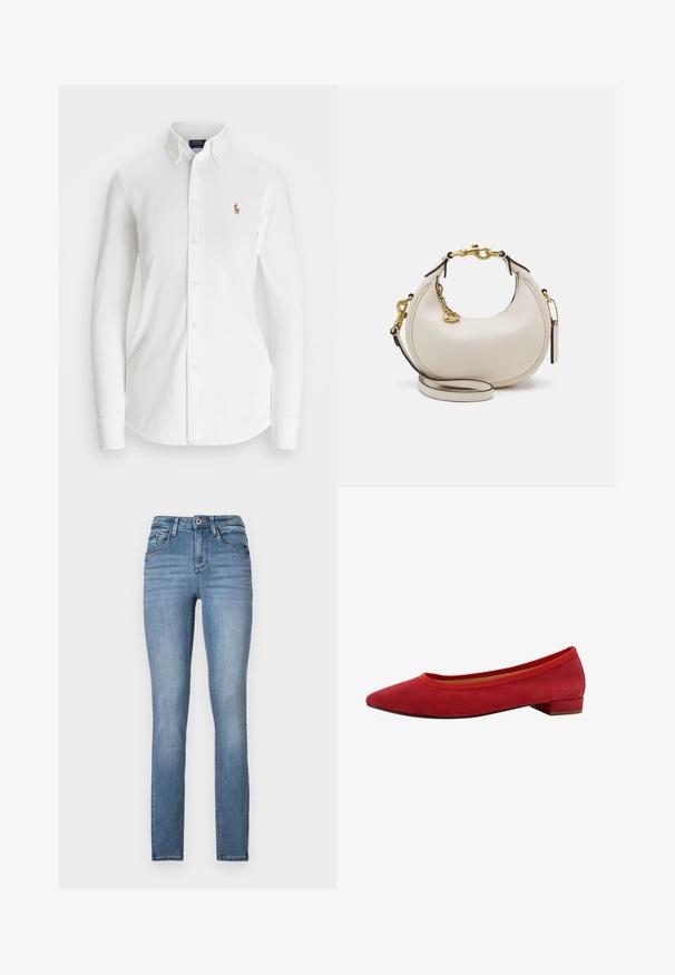 Camisa blanca de manga larga con botones y collar punta, hecha de algodón. Presenta un pequeño logo bordado en el lado izquierdo del pecho.; Jeans skinny de mezcla de algodón azul claro con cintura alta, cinco bolsillos, suavemente desgastados y detalles de costura en contraste.; Bailarinas de ante rojo con punta afilada, tacón bajo y bloque, y borde elástico alrededor de la abertura para un ajuste ceñido.; Bolso de mano de cuero crema con forma de media luna, herrajes dorados, acentos negros y una correa desmontable. Cuenta con un detalle de cadena y una etiqueta.
