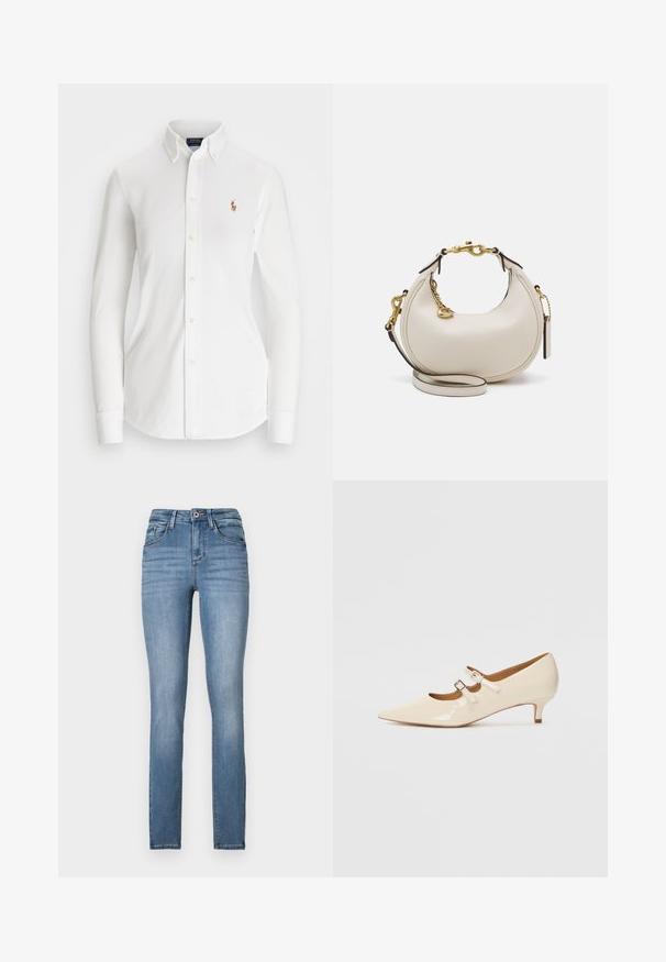Camisa blanca de manga larga con botones y collar punta, hecha de algodón. Presenta un pequeño logo bordado en el lado izquierdo del pecho.; Jeans skinny de mezcla de algodón azul claro con cintura alta, cinco bolsillos, suavemente desgastados y detalles de costura en contraste.; Zapatos Mary Jane de piel sintética beige con dos hebillas ajustables, punta afilada y tacón bajo. Textura suave con un acabado brillante.; Bolso de mano de cuero crema con forma de media luna, herrajes dorados, acentos negros y una correa desmontable. Cuenta con un detalle de cadena y una etiqueta.