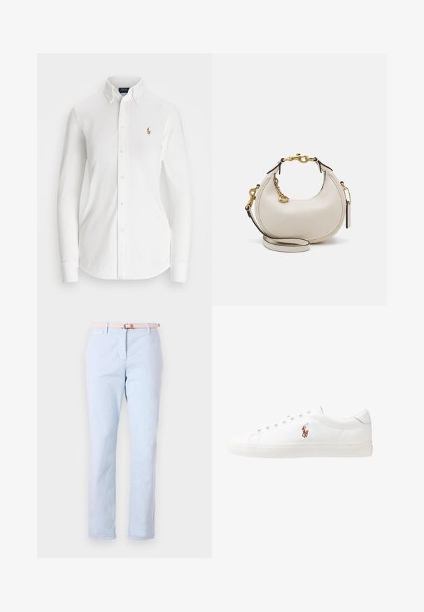 Camisa branca de manga longa com colarinho pontudo, feita de algodão. Apresenta um pequeno logotipo bordado no lado esquerdo do peito.; Chinos de cor azul clara com um design de perna reta, tecido de algodão e um cinto tecido rosa com fivela de metal. Inclui bolsos frontais planos.; Sapatilhas de couro brancas, design de cano baixo, com textura suave, biqueira redonda, atacadores à frente e um pequeno logótipo bordado na lateral.; Bolsa de mão em pele creme com forma de meia-lua, detalhes em ouro, acabamentos pretos e uma alça removível. Apresenta um detalhe em corrente e uma etiqueta.