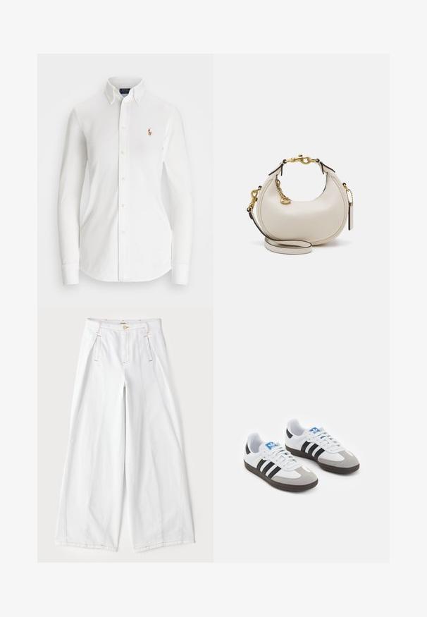 Bílá halenka s dlouhým rukávem a knoflíkovým zapínáním, se špičatým límcem, vyrobená z bavlny. Obsahuje malé vyšívané logo na levé části hrudi.; Široké bílé džíny vyrobené z denimu, s kontrastními oranžovými švy, předními sklady a klasickým pětikapsovým designem.; Sportovní boty s bílým koženým svrškem, šedou semišovou špičkou a třemi černými pruhy. Obsahují modré logo na jazyku a texturovanou gumovou podrážku.; Krémová kožená kabelka s půlměsíčním tvarem, zlatými kovovými detaily, černými akcenty a odnímatelným popruhem. Obsahuje řetízkový detail a visačku.