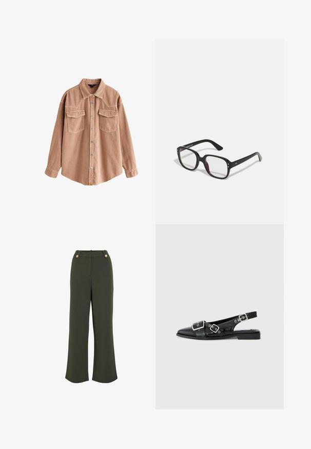Svetlohnedá deninová košeľa s dlhými rukávmi, špicatým golierom, dvoma prednými vreckami a striebornými cvokmi. Má uvoľnený strih a odolnú textúru.; Olivové zelené široké nohavice s hladkou textúrou, s dvoma zlatými gombíkmi v páse a čistým, precíznym strihom.; Čierna kožená slingback obuv s špicatou špičkou, dvoma striebornými prackami a nízkym blokovým podpätkom. Má textúrovaný zvršok a otvorenú pätu.; Čierne obdĺžnikové okuliare s priesvitnými sklami, s zaoblenými okrajmi a bočnými akcentmi, s lesklým povrchom rámu a ramien.
