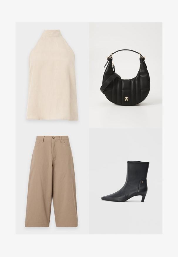 Top halter beige, diseño sin mangas, tela suave con una textura lisa, cuello alto y una silueta en A. Estilo minimalista.; Pantalones de pierna ancha color caqui, hechos de algodón, con una cintura alta, bolsillos frontales y cierre de un solo botón. Textura suave y corte recto.; Botas negras de cuero hasta el tobillo con punta afilada y tacón bajo. Presentan una textura suave y un pequeño detalle del logo dorado en el lateral.; Bolso de cuero negro con forma curvada, textura acolchada y herrajes dorados. Presenta una correa de hombro desmontable y un detalle de logo.
