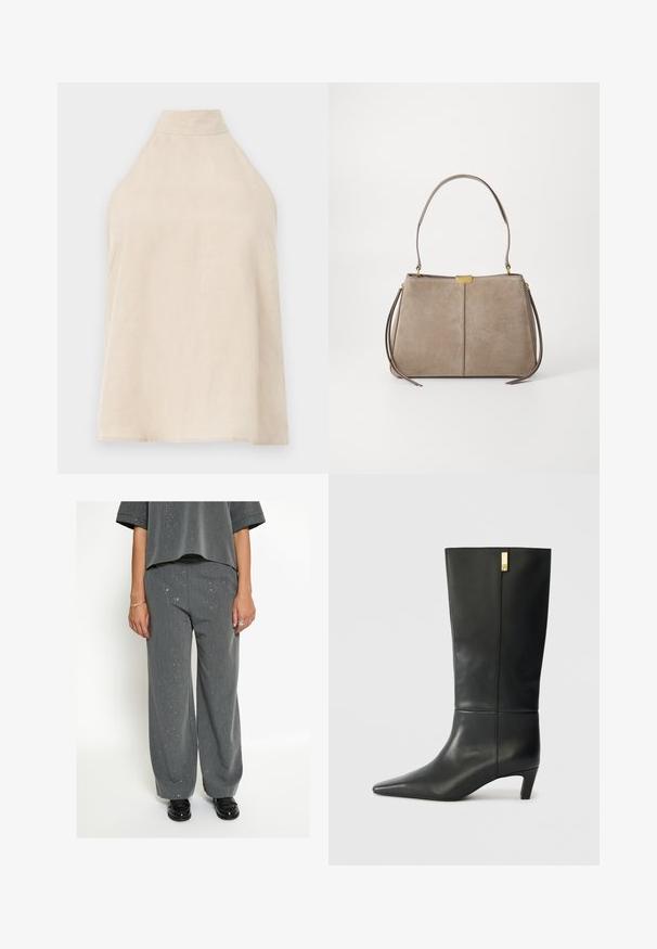 Beige haltertop, zonder mouwen, zachte stof met een gladde textuur, hoge kraag en een A-lijn silhouet. Minimalistische stijl.; Persoon in grijze wijde broek en bijpassende gesprenkelde top, met zwarte instappers, zilveren ringen en armband, staande tegen een witte achtergrond.; Zwarte leren kniehoge laars met een spitse neus en een kleine hak. Beschikt over een slank ontwerp met een gouden accentdetail. Gladde textuur.; Tommy Hilfiger CASUAL SHOULDER BAG - Handtas - coastal taupe