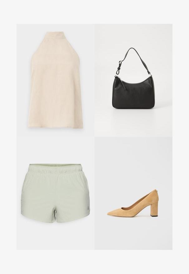 Beige halter top, sleeveless design, soft fabric with a smooth texture, high collar, and an A-line silhouette. Minimalist style.; Light green athletic shorts made of breathable fabric, featuring a perforated texture and elastic waistband. Logo printed on the side.; Beige suede high-heeled pump with a pointed toe and a chunky block heel. The material has a soft texture with a smooth finish.; Black leather handbag with a curved shape, a single strap, zip closure, and subtle branding on the front. Smooth texture, minimalist design.
