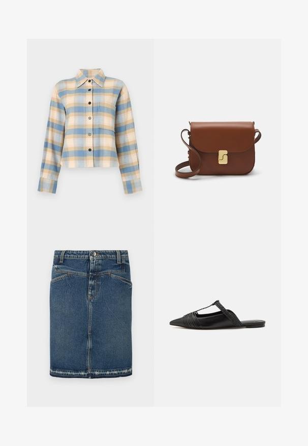 Camisa xadrez com colarinho estruturado, apresentando padrões de check em azul, bege e rosa, mangas longas e botões pretos na frente.; Saia de ganga com um tom clássico de azul, design de cinco bolsos e bainha desfiada. Fecha com um botão na frente e fecho de correr.; Sapatilha slingback em couro preto com bico pontudo, apresentando um detalhe trançado e um design superior plissado. Sola plana com hardware mínimo.; Bolsa de couro castanho com fecho de aba, decoração em tom dourado, alça de ombro e textura suave. Formato retangular compacto.