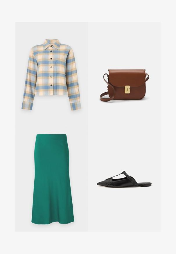 Karirana srajca s strukturiranim ovratnikom, ki vsebuje modre, bež in roza karirane vzorce, dolge rokave in črne gumbe spredaj.; Zelena krila do kolen, narejena iz gladkega materiala, z razširjeno obrobo in prilegajočim pasom. Brez vidnih vzorcev ali kovinskih podrobnosti.; Črne usnjene sandale s priponko, koničastim nosom in tkano dekoracijo ter gubanjem na zgornjem delu. Ravna podplata z minimalno opremo.; Rjava usnjena torbica s poklopcem, zlato obarvani okovi, naramnica in gladka tekstura. Kompaktna pravokotna oblika.
