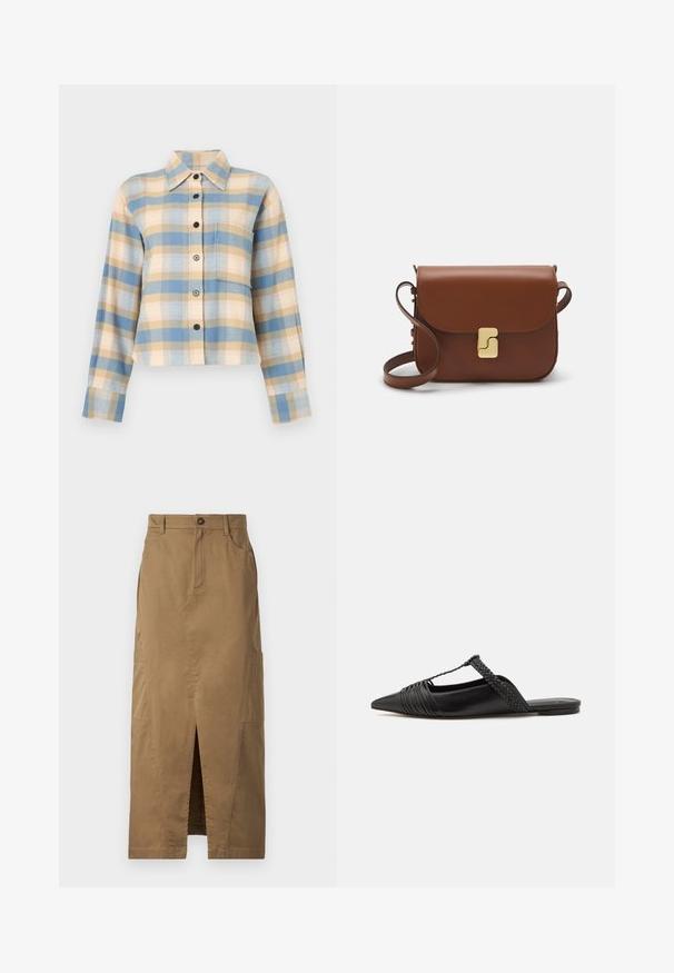 Cămașă în carouri cu guler structurat, având modele în nuanțe de albastru, bej și roz, mâneci lungi și nasturi negri pe față.; Fustă maxi khaki dintr-un material mixt de bumbac, cu o fanta frontală, buzunare laterale și închidere cu buton la talie. Textură netedă.; Pantofii din piele neagră cu curea la spate au vârful ascuțit, prezentând un accent țesut și un design superior pliat. Talpa joasă cu hardware minim.; Geantă de piele maro cu închidere tip capac, accesorii de culoare aurie, curea de umăr și o textură netedă. Formă compactă și rectangulară.
