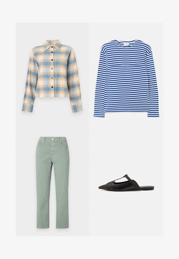 Károvaná košile se strukturovaným límečkem, s modrými, béžovými a růžovými kostkovanými vzory, dlouhými rukávy a černými knoflíky vpředu.; Dlouhý rukáv, košile s modro-bílými vodorovnými pruhy, kulatý výstřih a štítek "CLOSED" na límci, položená na bílé pozadí.; Svetle zelené bavlněné kalhoty s rovnými nohavicemi, vybavené předními kapsami, zapínáním na knoflík a jemnými švy.; Černé kožené slingback boty se špičatou špičkou, s tkaným akcentem a plisovaným designem svršku. Plochá podešev s minimálním kovovým zapínáním.