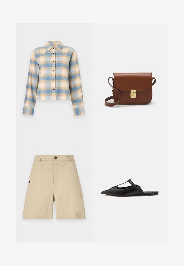 Plaid shirt with a structured collar, featuring blue, beige, and pink check patterns, long sleeves, and black buttons down the front.; Beige cotton shorts featuring a regular fit, button closure, side pockets, and subtle stitching details. Smooth texture and knee-length design.; Black leather slingback shoe with a pointed toe, featuring a woven accent and pleated upper design. Flat sole with minimal hardware.; Brown leather handbag with a flap closure, gold-tone hardware, a shoulder strap, and a smooth texture. Compact rectangular shape.