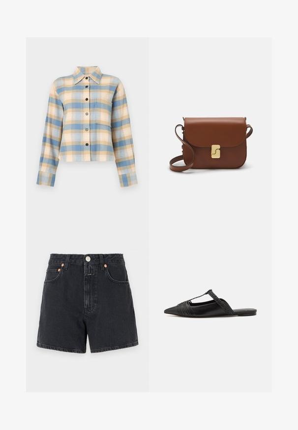 Camicia a quadri con colletto strutturato, presenta motivi a quadri blu, beige e rosa, maniche lunghe e bottoni neri davanti.; CLOSED JANEY - Shorts di jeans - dark grey; Scarpa slingback in pelle nera con punta appuntita, con un dettaglio intrecciato e un design superiore plissettato. Suola piatta con hardware minimale.; Borsa a tracolla in pelle marrone con chiusura a pattina, hardware color oro, tracolla e una finitura liscia. Forma rettangolare compatta.