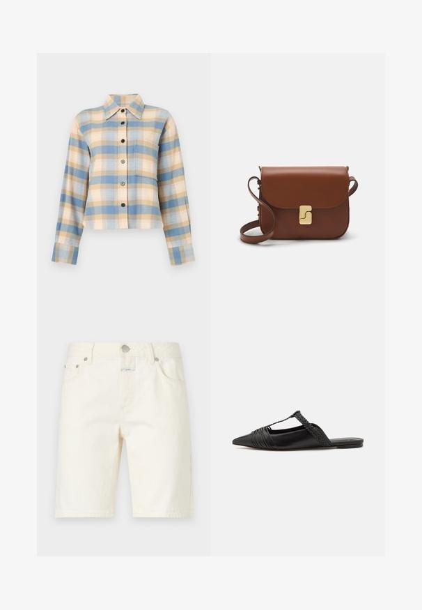 Camisa de cuadros con un cuello estructurado, que presenta patrones de cuadros en azul, beige y rosa, de manga larga y con botones negros en el frente.; CLOSED JINNIE - Shorts - white; Zapato de piel negra tipo slingback con punta afilada, que presenta un detalle trenzado y un diseño superior plisado. Suela plana con hardware mínimo.; Bolso de mano de cuero marrón con cierre de solapa, herrajes en tono dorado, correa para el hombro y una textura suave. Forma rectangular compacta.