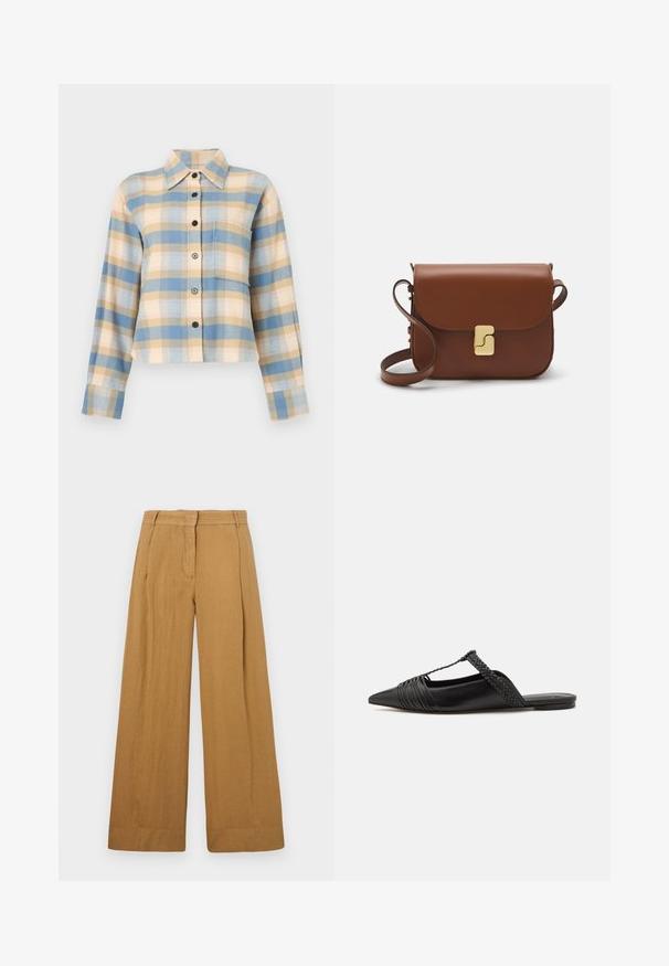 Plaid shirt with a structured collar, featuring blue, beige, and pink check patterns, long sleeves, and black buttons down the front.; Wide-leg trousers in a light brown, linen-like fabric, featuring a flat front, belt loops, and subtle vertical texture.; Black leather slingback shoe with a pointed toe, featuring a woven accent and pleated upper design. Flat sole with minimal hardware.; Brown leather handbag with a flap closure, gold-tone hardware, a shoulder strap, and a smooth texture. Compact rectangular shape.
