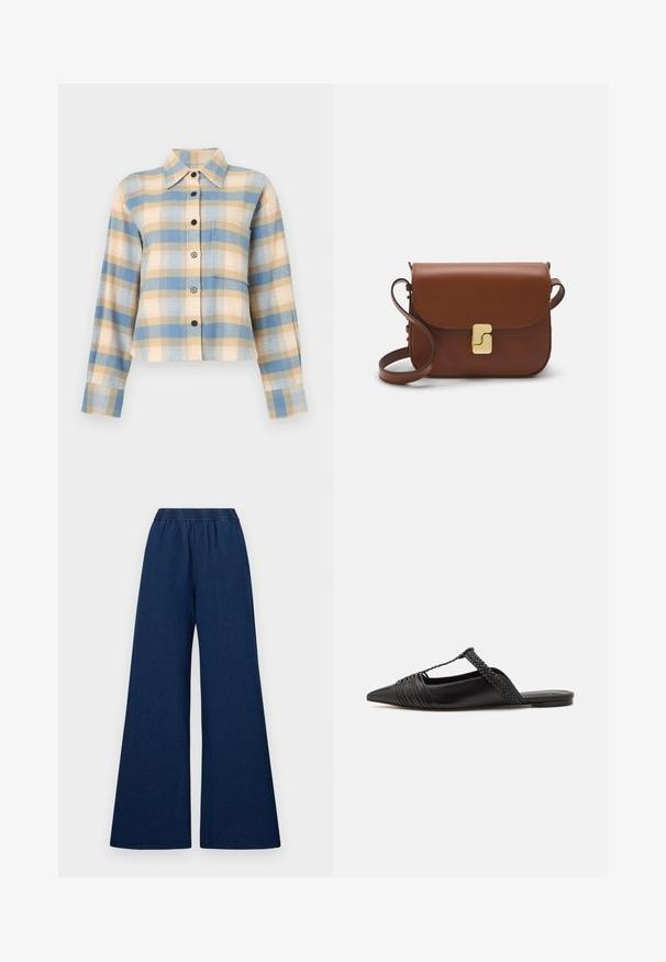 Cămașă în carouri cu guler structurat, având modele în nuanțe de albastru, bej și roz, mâneci lungi și nasturi negri pe față.; Pantaloni din denim cu croi larg, de culoare bleumarin, cu un tiv elastic, având o textură fină și un design simplu.; Pantofii din piele neagră cu curea la spate au vârful ascuțit, prezentând un accent țesut și un design superior pliat. Talpa joasă cu hardware minim.; Geantă de piele maro cu închidere tip capac, accesorii de culoare aurie, curea de umăr și o textură netedă. Formă compactă și rectangulară.