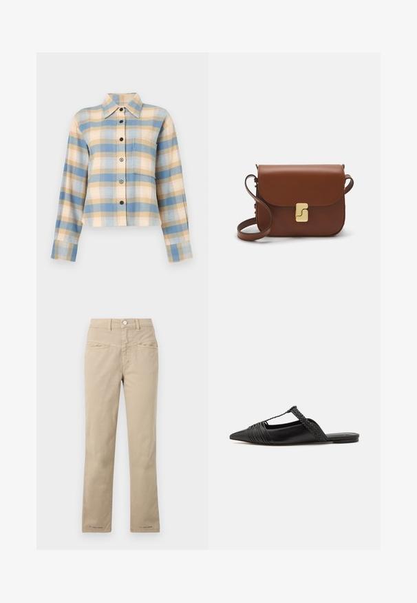 Plaid shirt with a structured collar, featuring blue, beige, and pink check patterns, long sleeves, and black buttons down the front.; Beige cotton pants with a straight-leg design, featuring a front button closure, two front pockets, and subtle stitching details.; Black leather slingback shoe with a pointed toe, featuring a woven accent and pleated upper design. Flat sole with minimal hardware.; Brown leather handbag with a flap closure, gold-tone hardware, a shoulder strap, and a smooth texture. Compact rectangular shape.