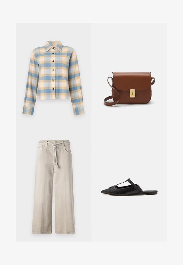 Cămașă în carouri cu guler structurat, având modele în nuanțe de albastru, bej și roz, mâneci lungi și nasturi negri pe față.; CLOSED LYNA - Blugi loose fit - beige; Pantofii din piele neagră cu curea la spate au vârful ascuțit, prezentând un accent țesut și un design superior pliat. Talpa joasă cu hardware minim.; Geantă de piele maro cu închidere tip capac, accesorii de culoare aurie, curea de umăr și o textură netedă. Formă compactă și rectangulară.