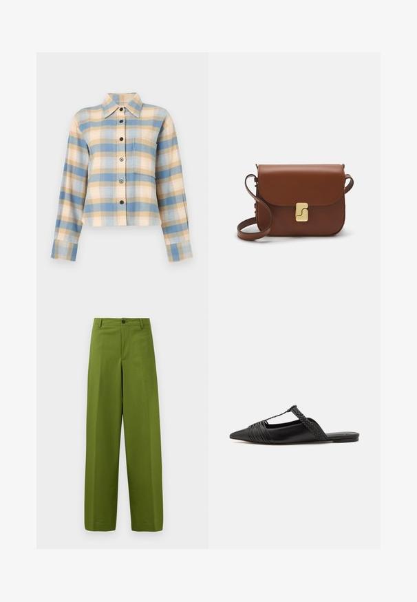 Camisa xadrez com colarinho estruturado, apresentando padrões de check em azul, bege e rosa, mangas longas e botões pretos na frente.; Calças largas verdes feitas de tecido suave. Apresenta um fecho frontal com um único botão e um design plano na frente.; Sapatilha slingback em couro preto com bico pontudo, apresentando um detalhe trançado e um design superior plissado. Sola plana com hardware mínimo.; Bolsa de couro castanho com fecho de aba, decoração em tom dourado, alça de ombro e textura suave. Formato retangular compacto.