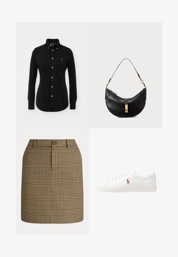 Melnas garām piedurknēm krekls, izgatavots no kokvilnas, ar pogājamu apkali, ar baltām pogām un nelielu izšūtu logotipu uz krūtīm.; Brūns un beidžs svītrainais svārks ar pogu aizdari, ar izšuvumiem un pielāgotu dizainu. Audumam ir teksturēts apdare.; Baltas ādas sporta apavi, zema dizaina, ar gludu tekstūru, noapaļotu purngalu, ar auklēm priekšpusē un nelielu izšūtu logotipu sānos.; Melnas ādas rokas soma pusmēness formas. Iezīmē zelta metāla akcentus un šauru siksniņu. Gluda tekstūra, rāvējslēdzēja aizdare augšpusē.