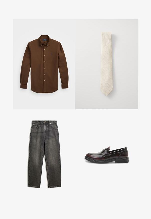 Hnedá košeľa na gombíky vyrobená z bavlny, s špicatým golierom, dlhými rukávmi a logom na hrudi. Klasický strih s zaobleným lemom.; Čierne džínsy z denimového materiálu s voľným strihom, obsahujúce päť vreciek, zapínanie na gombík a jemné vyblednutie textúry látky.; Čierne a vínové kožené mokasíny so hladkým, lesklým povrchom. Obsahujú zošívanú špičku a nízku čiernu gumovú podrážku. Klasický dizajn.; Béžová kravata s textúrovaným povrchom, s ostrým koncom a hladkým povrchom. Dizajn je jednoduchý, bez vzorov alebo ozdôb.; Súprava strieborného náhrdelníka a náramku, ktorá sa vyznačuje robustným dizajnom s hviezdou ako akcentom. Hladký povrch, leštený finiš, nastaviteľné dĺžky.