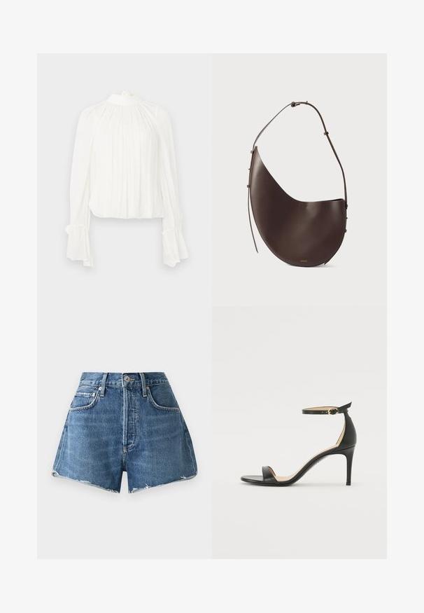 White blouse with long, flared sleeves and a high neckline. Features soft pleats throughout the front and a gathered finish at the cuffs.; Denim shorts in light blue with a high waist, frayed hem, side pockets, and visible stitching details. Features classic button and zipper closure.; Black leather high-heeled sandal with an ankle strap. Features a smooth texture, open toe, and a thin heel. Gold-toned buckle detail.; Brown leather handbag with a curved shape, single strap, and minimalistic design. Features a subtle logo and gold hardware accents.