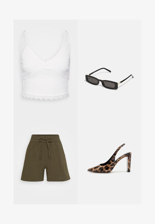 Witte kanten bralette met verstelbare banden, v-halslijn en textuurpatronen. Beschikt over een geschulpte zoom en ingewikkelde borduursels.; Olijf groene linnen shorts met een wijde pijpontwerp, elastische tailleband met een trekkoord en subtiele textuur.; Leopardprint slingback pump met een spitse neus en een transparante blokhak. Gemaakt van glanzend materiaal met een gladde textuur.; Zwarte rechthoekige zonnebril met donkere lenzen, glanzende plastic monturen en gouden accenten op de slapen. Minimalistisch ontwerp en elegante vorm.