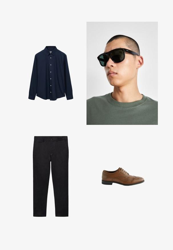 Dunkelblaues langärmliges Hemd mit spitzem Kragen, vorderer Knopfverschluss und geradem Saum. Hergestellt aus einem glatten, texturierten Stoff.; Schwarze Hosen mit einer glatten, matten Textur. Figurbetonte Passform, einzelner Knopfverschluss und zwei vordere Taschen. Klares, schlichtes Design.; Braune Leder-Schnürschuhe mit kunstvollen Broguing-Details, runder Zehenform und flachem Absatz. Verfügt über fünf Schnürösen und eine glatte Oberfläche.; Schwarze rechteckige Sonnenbrille mit dunklen Gläsern, die eine markante Form und eine Markierung am Bügel aufweist. Getragen von einer Person in einem grünen Hemd.