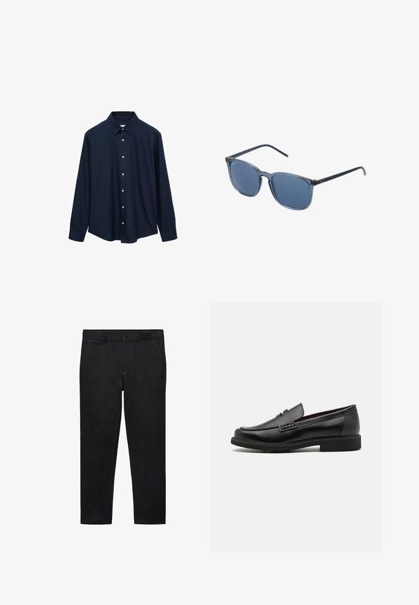 Camicetta lunga a maniche con colletto a punta in blu scuro, chiusura frontale con bottoni e orlo dritto. Realizzata in un tessuto liscio e strutturato.; Pantaloni neri con una texture liscia e opaca. Vestibilità sartoriale, chiusura con un singolo bottone e due tasche frontali. Design pulito e semplice.; Mocassini sintetici neri con una spessa cucitura frontale, soletta imbottita e suola piatta in gomma; design elegante con dettagli minimi.; Occhiali da sole rettangolari blu con lenti grigi, montatura in plastica, dettagli metallici e finitura opaca sulle aste.