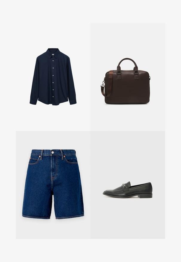 Mørkeblå langærmet skjorte med spids krave, frontknaplukning og lige kant. Lavet af et glat, struktureret stof.; Mørkeblå denim shorts med en mid-rise talje, fem lommer, kobber hardware og kontrasterende orange syninger.; Sorte læder loafers med en glat finish, der har et syet design og et dekorativt metal kædeaccent hen over vamps. Flad hæl.; Brun læder laptop taske med en tekstureret overflade, dobbelte top hanke, justerbar rem og to front spænder for ekstra detaljer.