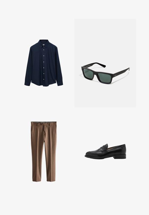 Dark navy long-sleeve shirt with a pointed collar, front button closure, and a straight hem. Made from a smooth, textured fabric.; Brown, tailored trousers made from textured fabric. Features a single button closure, two front pockets, and a straight-leg cut.; Black leather loafers with a stitched front and flat heel. Smooth texture with a rounded toe and a decorative strap across the instep.; Black rectangular sunglasses with green lenses, featuring a matte finish, straight temples, and the Ray-Ban logo on the side.