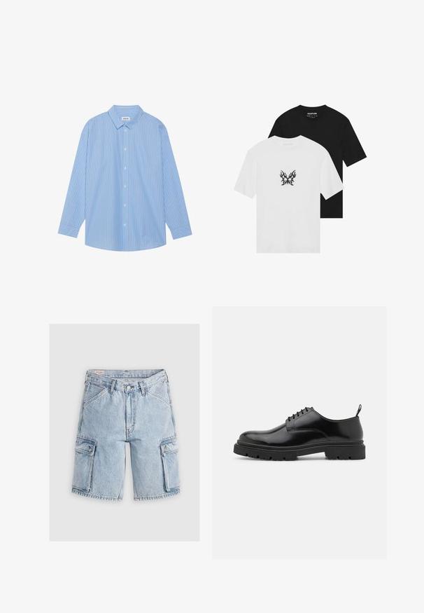 Mėlynai ir balta juostuota ilgo rankovio marškiniai su klasikinėmis apykaklėmis, mygtukų užsegimu ir apvaliomis kraštinėmis. Pagaminta iš lengvo audinio.; Trumpai rankovės t-shirts juodos ir baltos spalvų, su ugnies rašto drugelio grafika baltame marškinėlyje. Pagaminta iš medvilnės.; Šviesiai mėlynos džinsinės cargo šortai su laisvu pjūviu, turintys dvi šonines kišenes ir siuvinėtas detales išilgai siūlių.; Juodos odinės šlepetės su raišteliais, su suapvalintu pirštu, lygiu paviršiumi ir griūvančiu guminiu padu. Yra nedidelis kulniukas ir kilpa gale.