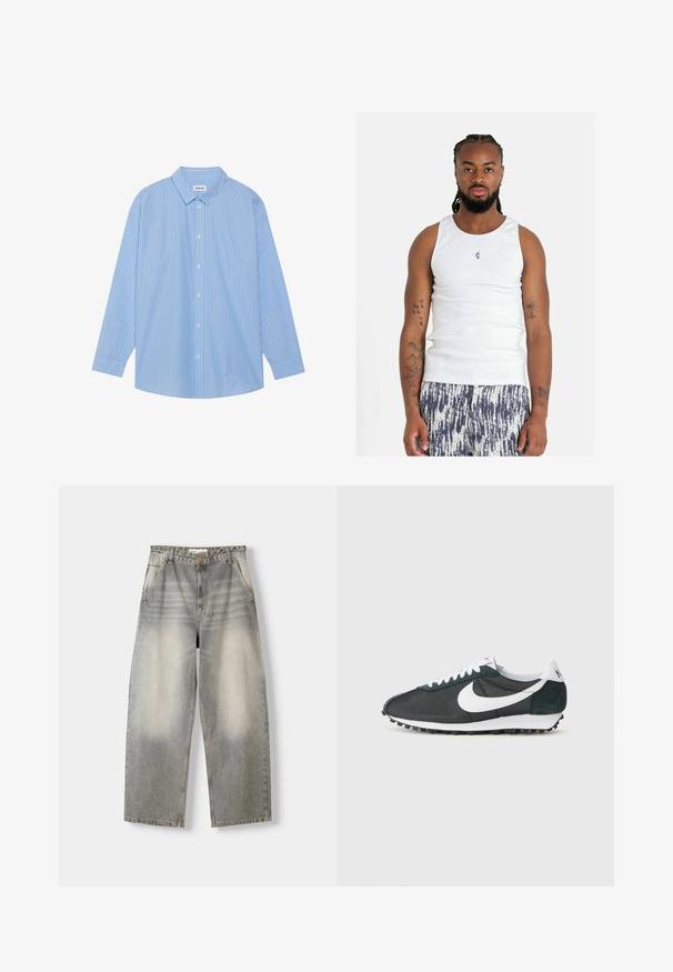 Blå og hvidstribet langærmet skjorte med klassisk krave, knaplukning foran og rundet bund. Fremstillet af et let materiale.; Hvid ribbet top med rund halsudskæring, prydet med et lille blåt logo. Båret med mønstrede, letvægts shorts i mørkeblå og hvid.; Bredde ben jeans i en lysegrå vask. Har en falmet finish, fem lommer og en knaplukning. Materialet er blødt denim.; Nike sneakers i sort mesh med hvid swoosh, hvide snørebånd og mørkegrønne ruskind detaljer. Har en tekstureret sort gummi sål.