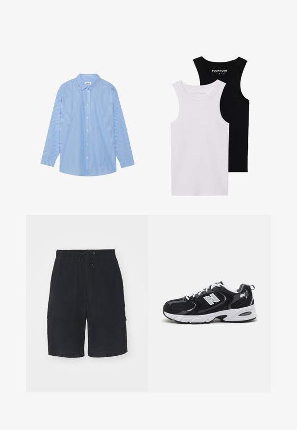 Blauw-wit gestreepte lange mouwen shirt met een klassieke kraag, knoopsluiting aan de voorkant en afgeronde zoom. Gemaakt van een lichtgewicht stof.; Twee getailleerde tanktops in zwart en wit. Gemaakt van geribbelde katoen, ze hebben brede schouderbanden en afgeronde halslijnen. Merken op de kraag.; Zwarte cargoshorts met een elastische tailleband, koord, zijzakken en contrasterende stiksels. Gemaakt van lichtgewicht stof.; Zwarte en grijze sport schoenen met een bovenwerk van mesh en suede, voorzien van een witte tussenzool, veters en een gedurfde "N"-logo aan de zijkant.