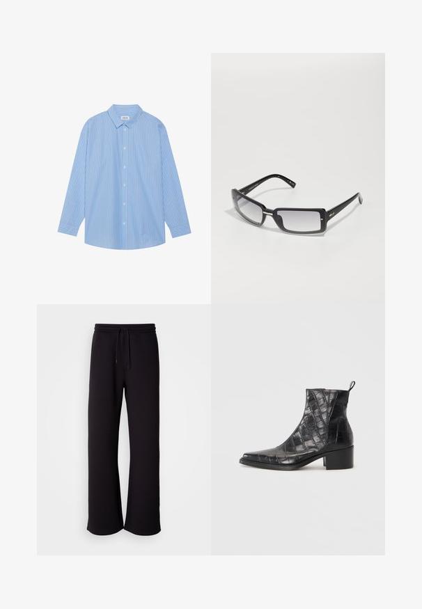 Blå och vit randig långärmad skjorta med klassisk krage, knappstängning och rundad nederkant. Tillverkad av ett lätt material.; Svarta joggingsbyxor i mjukt material, med dragsko i midjan, löst snitt och raka ben. Minimalistisk stil utan mönster.; Svarta anklarstövlar tillverkade av strukturerad faux läder med ett krokodilmönster, med en fyrkantig tå och blockklack.; Svarta rektangulära solglasögon med graduerade linser, med en tjock ram och metallaccentdetaljer på bågarna. Slät yta genom hela.