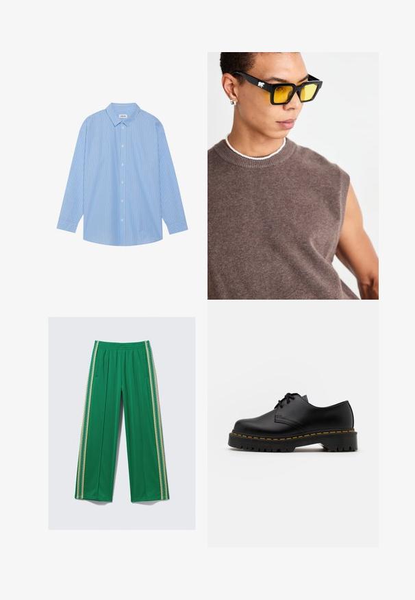 Plava i bijela prugasta košulja dugih rukava s klasičnim ovratnikom, dugmadi sprijeda i zaobljenim rubom. Izrađena od laganog materijala.; Zelene široke hlače od glatkog materijala, s elastičnim pojasom i kontrastnim žutim bočnim prugama sa cik-cak uzorkom.; Crne kožne cipele sa vezanjem, okruglog vrha, sa teksturiranom gumom potplatom i žutim šavom oko baze. Ravni dizajn i glatka završna obrada.; Crne pravokutne sunčane naočale sa žutim staklima, nosene uz smeđi bezrukavnik. Ukrašene bijelim logotipom medvjeda na okviru.