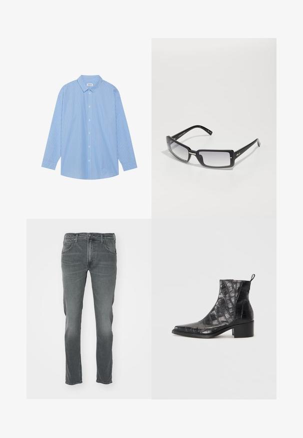 Blauw-wit gestreepte lange mouwen shirt met een klassieke kraag, knoopsluiting aan de voorkant en afgeronde zoom. Gemaakt van een lichtgewicht stof.; Grijze denim jeans met een recht gesneden pijp, voorzien van een knoopsluiting, vijf zakken en subtiele wassing aan de voorkant.; Zwarte enkellaarzen van textuur faux leer met een krokodillenpatroon, voorzien van een vierkante neus en een blokhak.; Zwarte rechthoekige zonnebril met een verlooplens, voorzien van een dik frame en metalen accenten op de steunen. Glad oppervlak overal.