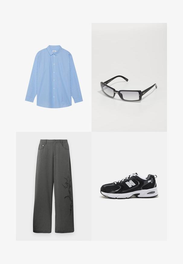 Mėlynai ir balta juostuota ilgo rankovio marškiniai su klasikinėmis apykaklėmis, mygtukų užsegimu ir apvaliomis kraštinėmis. Pagaminta iš lengvo audinio.; Tamsiai pilkos spalvos, pločio kojas pinstripe kelnės, turinčios priekinės kišenes ir juodą dekoratyvinį raštą kairėje pusėje.; Juodi ir pilki sportiniai batai su tinklu ir zomšos viršutine dalimi, su balta vidurio pade, raišteliais ir ryškiu "N" logotipu šone.; Juodų stačiakampių saulės akinių su gradientiniu lęšiu, turinčių storą rėmelį ir metalinius akcentus ant kojelių. Visoje apieje glotni tekstūra.