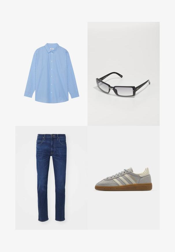 Mėlynai ir balta juostuota ilgo rankovio marškiniai su klasikinėmis apykaklėmis, mygtukų užsegimu ir apvaliomis kraštinėmis. Pagaminta iš lengvo audinio.; Mėlynos džinsinės kelnės su tiesiomis kojomis, penkiais kišenėmis ir mygtukų uždarymu. Audinys yra lygus su šviesiu dėvėjimu.; Pilki zomšiniai sportbačiai su šviesiai pilkomis odinėmis juostelėmis ir guminiu padu. Ypatybės: raištelių uždarymas ir subtilus prekės ženklo logotipas ant liežuvėlio.; Juodų stačiakampių saulės akinių su gradientiniu lęšiu, turinčių storą rėmelį ir metalinius akcentus ant kojelių. Visoje apieje glotni tekstūra.