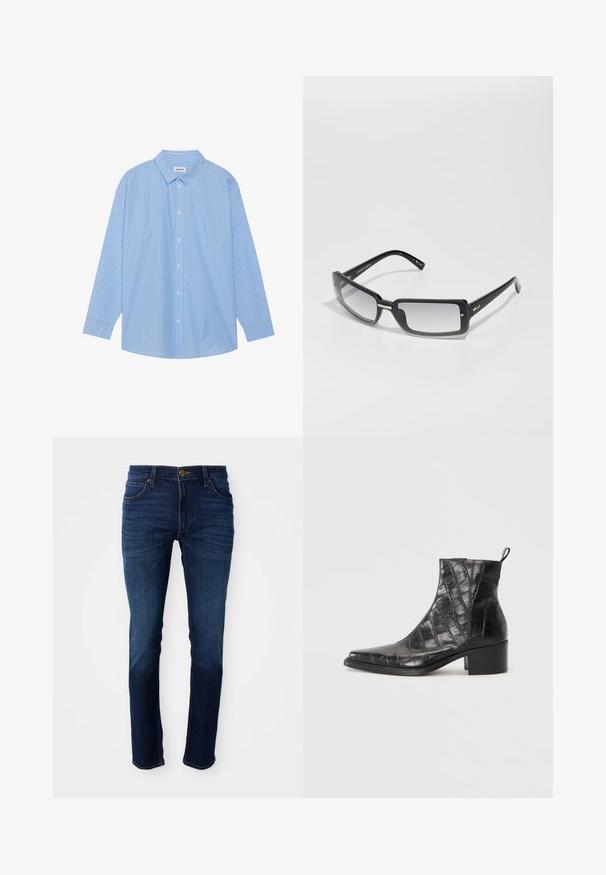 Blue and white striped long-sleeve shirt with a classic collar, button front, and rounded hem. Made of a lightweight fabric.; Dark blue denim jeans with a classic straight-leg cut, featuring a button closure and five pockets. The fabric has a smooth texture.; Black ankle boots made from textured faux leather with a crocodile pattern, featuring a square toe and a block heel.; Black rectangular sunglasses with a gradient lens, featuring a thick frame and metal accent details on the arms. Smooth texture throughout.