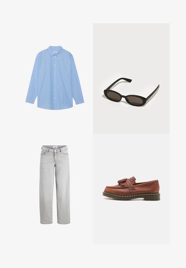 Camisa de mangas compridas azul e branca com riscas, colarinho clássico, fecho com botões e bainha arredondada. Feita de um tecido leve.; Jeans de denim cinza claro com um corte relaxado, pernas retas e uma cintura média. Apresenta passadores de cinto, fecho de botão e bolsos padrão.; Mocassins de couro castanho com detalhes em franja, superfície texturizada e costura amarela em contraste ao longo da sola de borracha preta. Vista lateral.; Óculos de sol pretos com lentes ovais semi-semi-rimless. Armações brilhantes e hastes elegantes. Lentes escuras com detalhes de hardware mínimos.