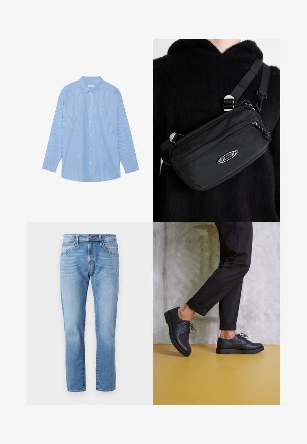 Blå og hvit stripete langermet skjorte med klassisk krage, knappelukking foran og avrundet skjert. Laget av et lett stoff.; Lyseblå denimbukser med rett ben, klassisk fem-lomme-design, subtil falming og en kontrasterende knappelukking i midjen.; Svarte lærsko med lisser, avrundet tå og teksturert gummisåle. Brukt med avkuttede svarte bukser, foran en betongbakgrunn.; Svart nylon crossover-veske med justerbar stropp, med en jevn tekstur, en frontlomme med glidelås, og en logo-detalj.